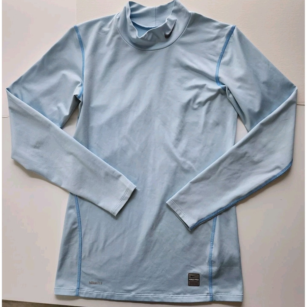 NIKE PRO TIGHT FIT Top Womens 12 - 14 Light Blue Long Sleeve Mock Neck Thermal
